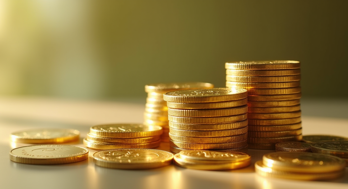A stack of gleaming gold coins, meticulously arranged.